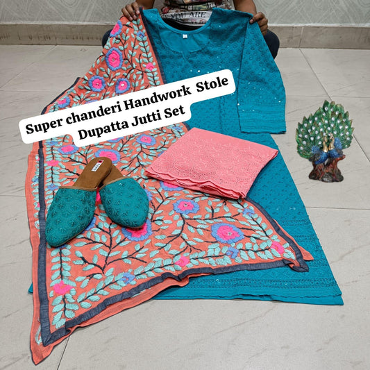 Blue Pure Cambric Cotton Kurti with Beautiful Handwork Stole Dupatta Jutti Set - Inayakhan Shop 