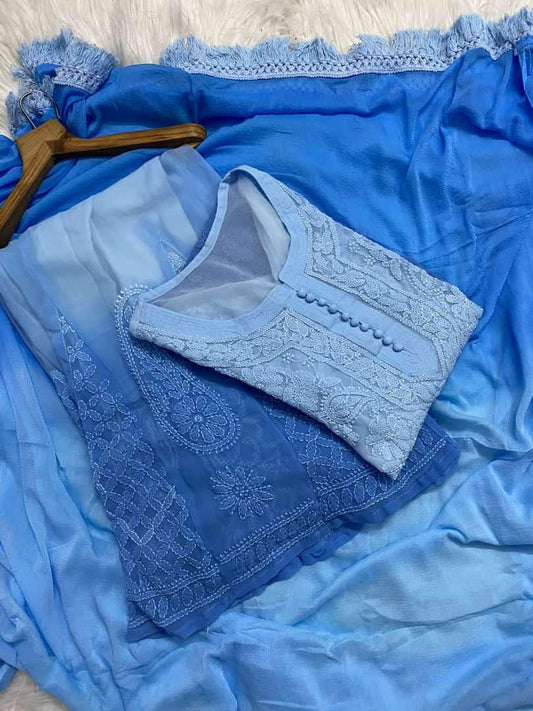 Blue Radiant Reflections Ombré Booti Jaal Chikankari Set (INNER INCLUDED) - Inayakhan Shop 