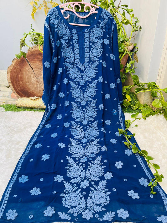 Blue Rose Garden: 3D Viscose Embroidered Kurti - Inayakhan Shop 