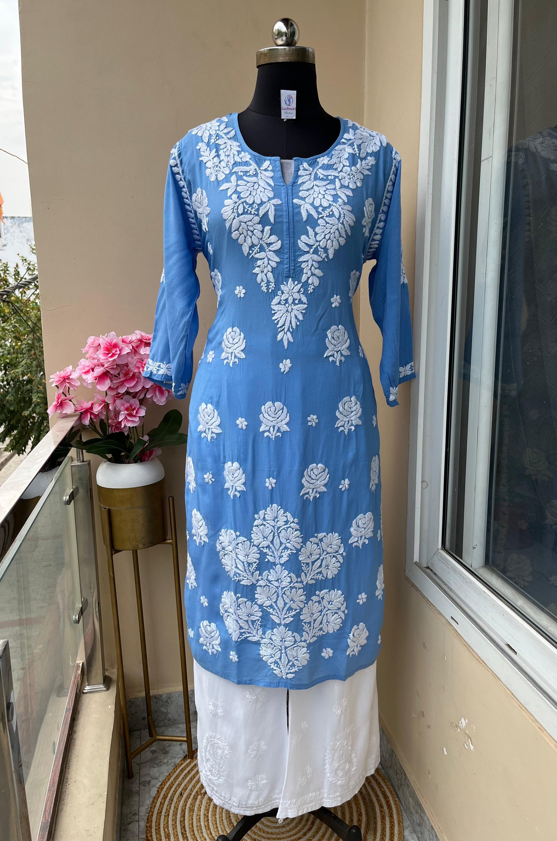 Blue Royal Modal 3D Chikankari Ensemble - Inayakhan Shop 