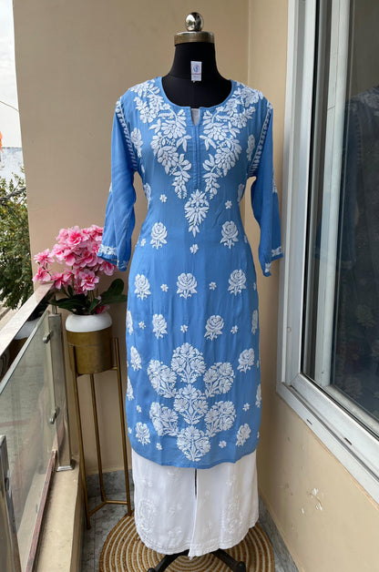 Blue Royal Modal 3D Chikankari Ensemble - Inayakhan Shop 