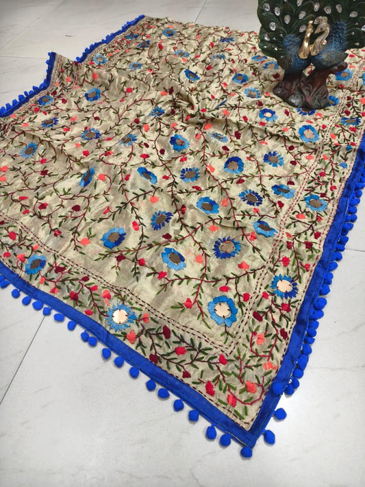 Blue Silk Pom Pom Phulkari Dupatta with Exquisite Handwork Embroidery - Inayakhan Shop 