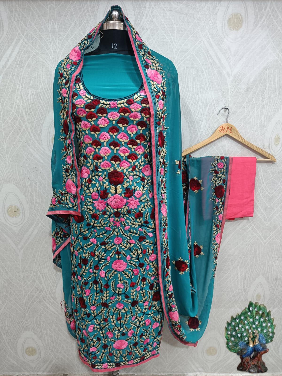 Blue Special Georgette Phulkari Suit with Beautiful Floral Embroidery Shopping Online - Inayakhan Shop 