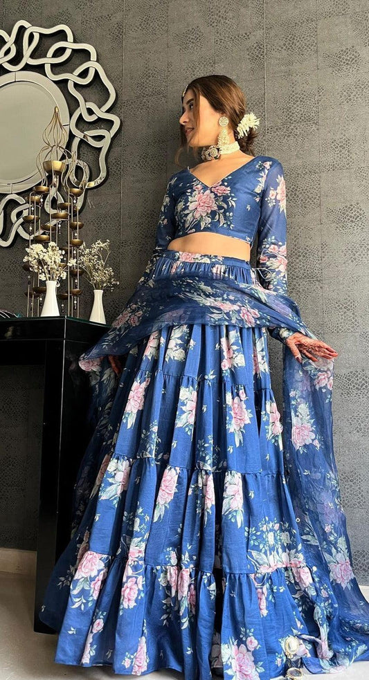 Blue Summer Bloom: Floral Organza Lehenga Choli Set - Inayakhan Shop 