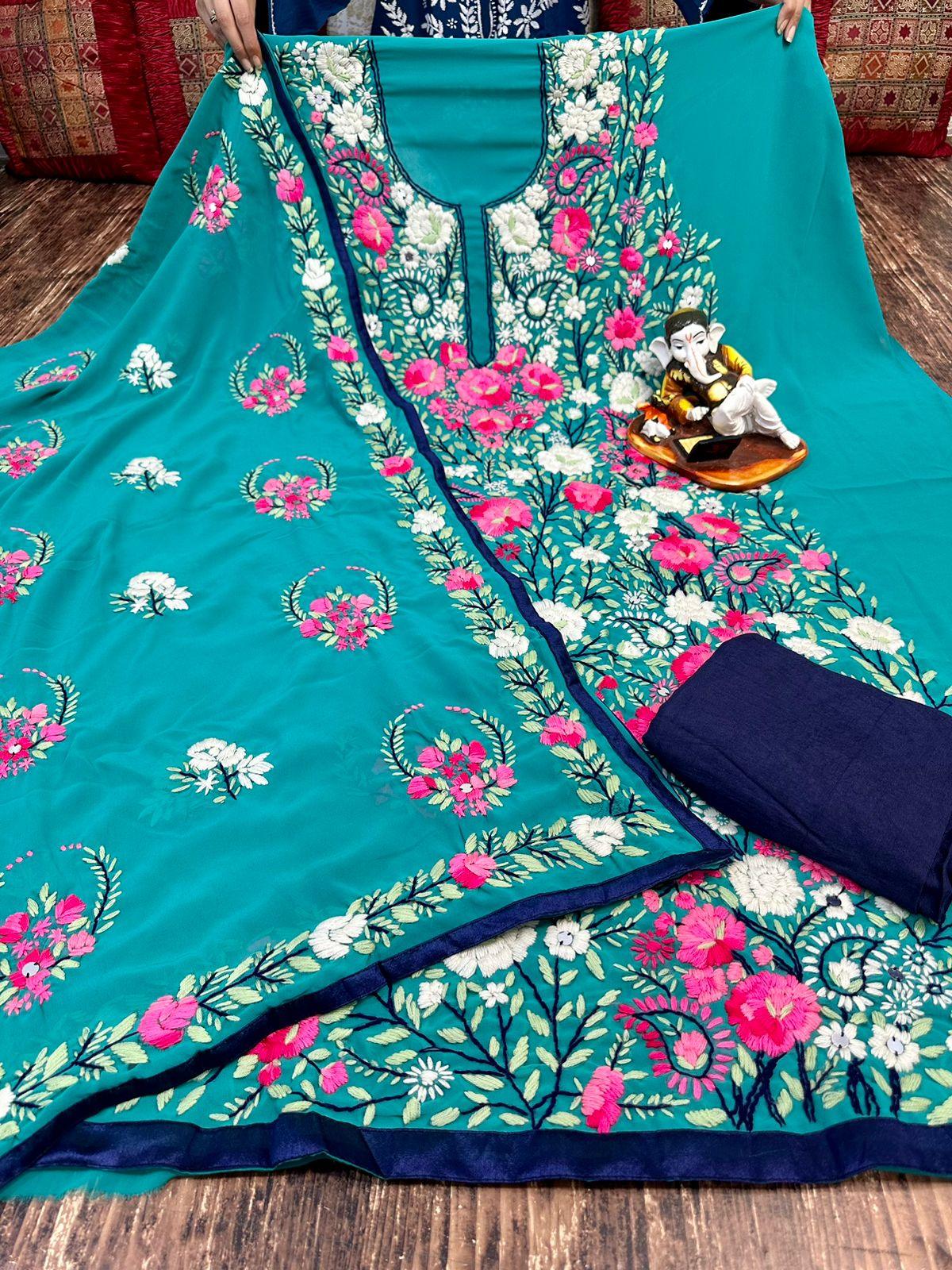 Blue Super Georgette Phulkari Suits with Beautiful Embroidery Shopping Online - Inayakhan Shop 