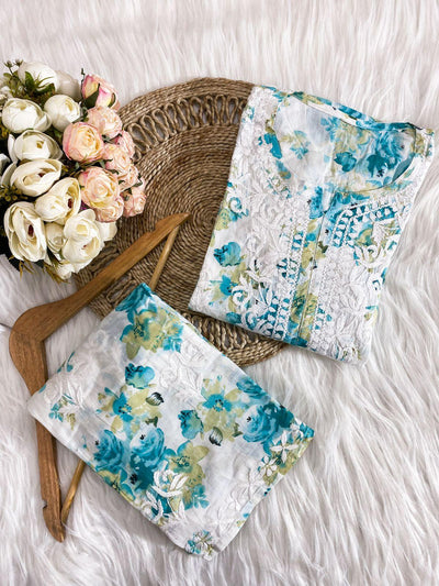 Blue White  Enchanting Watercolor Mul Mul Chikankari Kurti and Palazzo Co-ord Set