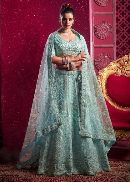 Light Blue Bridal Bridesmaid Lehenga Choli Set with Zari & Sequins Detailing