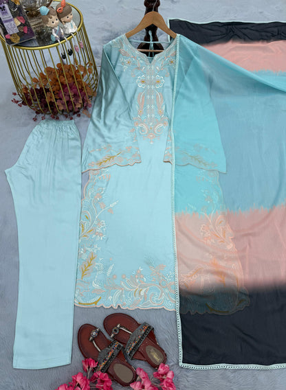 Aqua Blue Satin Rayon Embroidered Long Kaftan Set with Shaded Dupatta