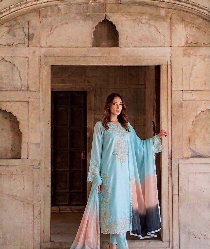 Aqua Blue Satin Rayon Embroidered Long Kaftan Set with Shaded Dupatta