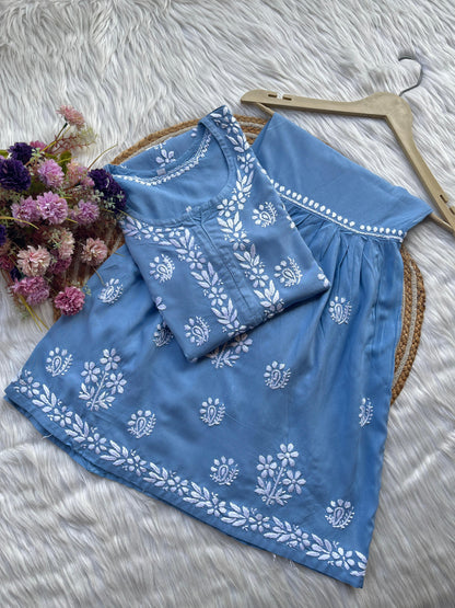 Light Blue Premium Kurti & Gharara Co-ord Set – Lucknow Chikankari Handwork