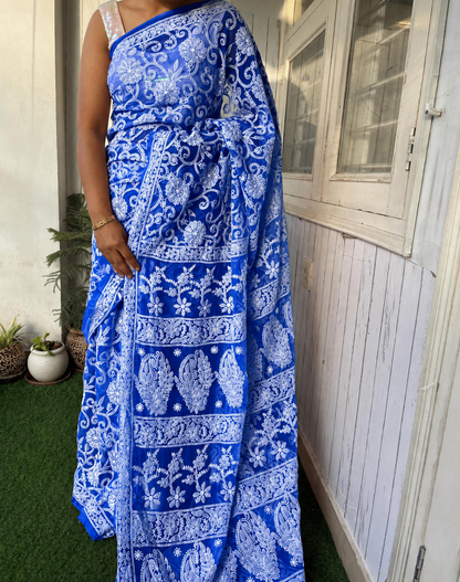 Royal Blue Color Full Jaal Chikankari Saree by Inayakhan (New)