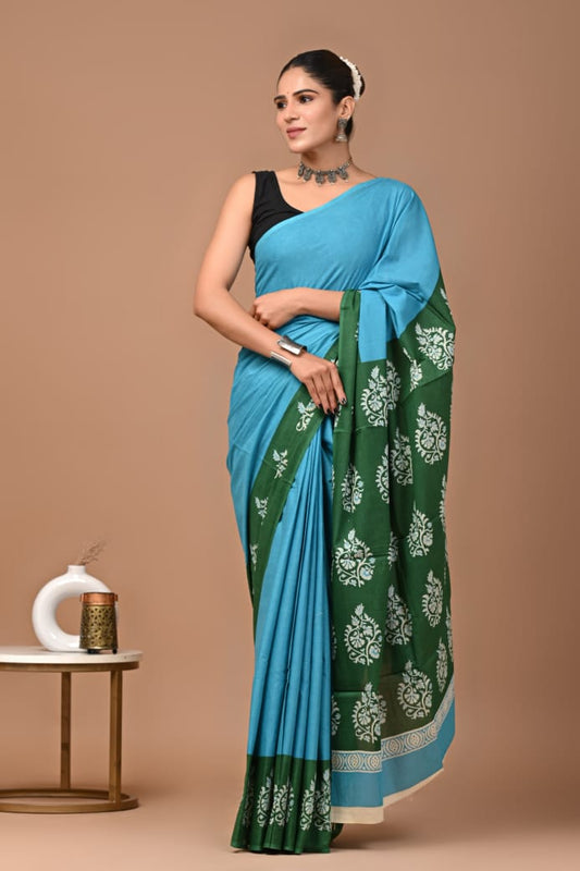 Green Blue Ajrakh Cotton Mul Handblock Print Saree with Ready-to-Wear Blouse Set