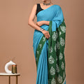 Green Blue Ajrakh Cotton Mul Handblock Print Saree with Ready-to-Wear Blouse Set