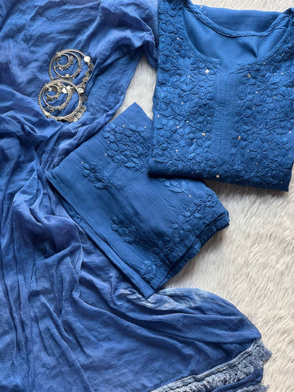 Blue Premium Rayon Chikankari Kurta Palazzo Dupatta Set | Hand Embroidered with Mukesh Work