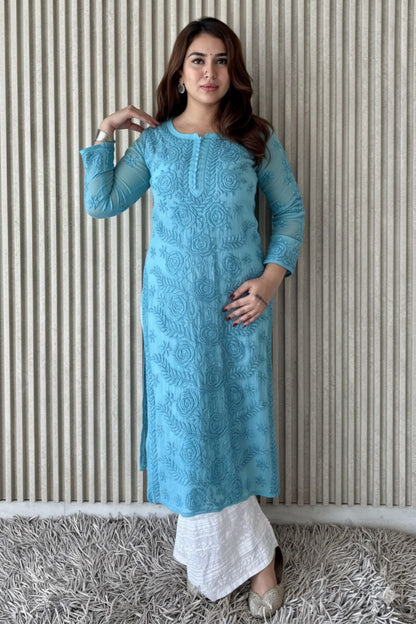 Blue Lucknowi Chikankari Rose Viscose Georgette Kurta Set