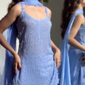 Light Blue Lucknow Chikankari Resham Work Viscose Short Kurti & Gharara Set with Chiffon Dupatta