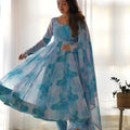 Blue Marble Print Organza Silk Floral Anarkali Suit | Ready to Wear