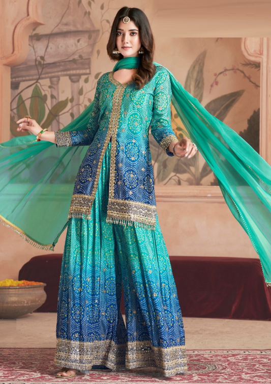 Blue Plus Size Premium Bandhani Print Silk Gharara Suit with Dupatta