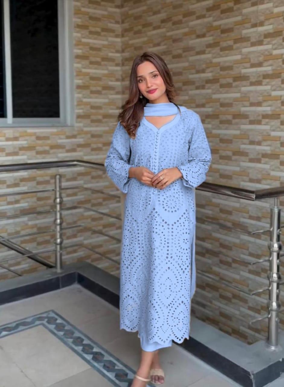 Blue Chikan Hakoba Designer Ready-to-Wear Suits Plus Sizes available