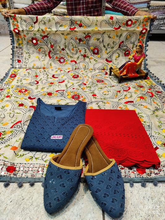 Blueish Grey and Red Ensemble 4 Pc With Jutti - Inayakhan Shop 