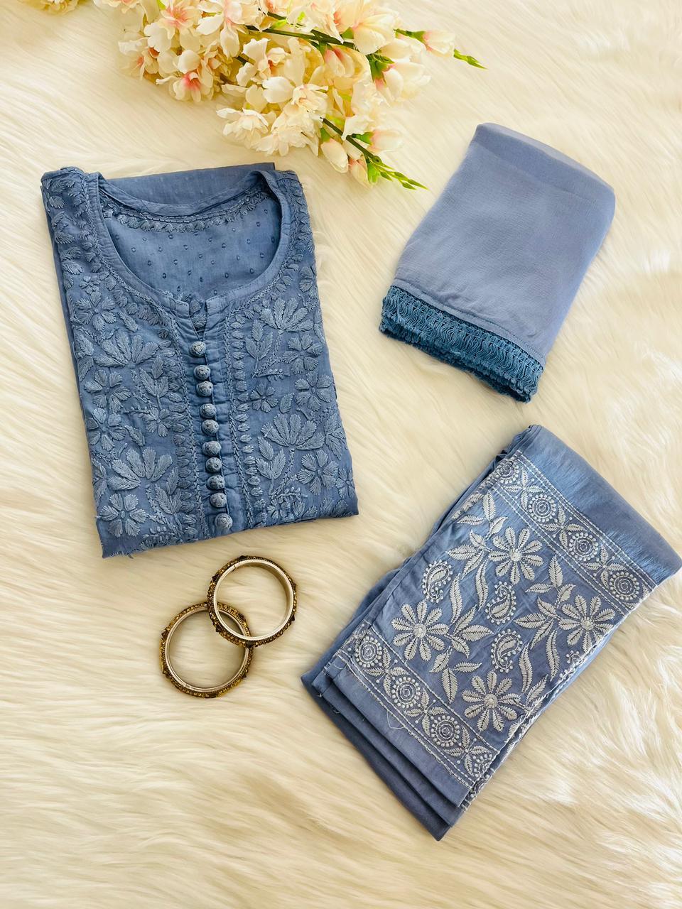 Blueish Grey Exclusive Dobby Cotton 3-Piece Salwar Suit Set - Inayakhan Shop 