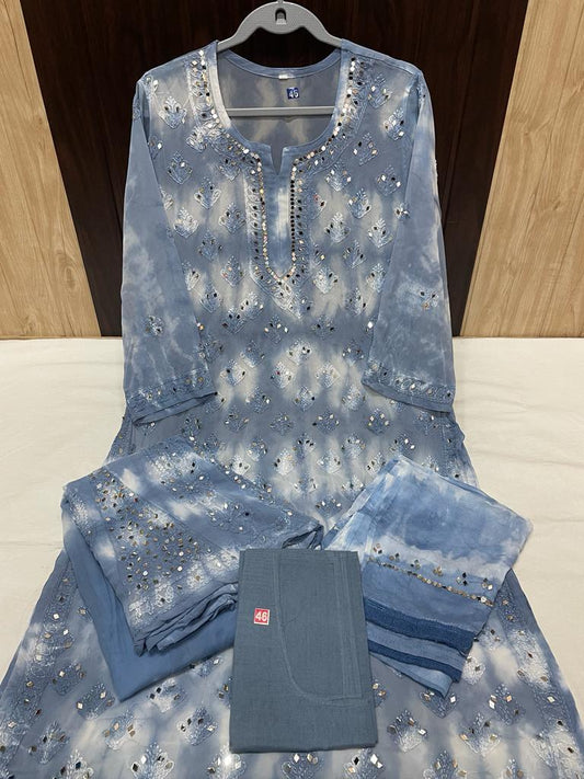 Blueish Grey Groovy Reflections Tie Dye 3-Piece Chikankari Mirror Set with Inner Delight - Inayakhan Shop 