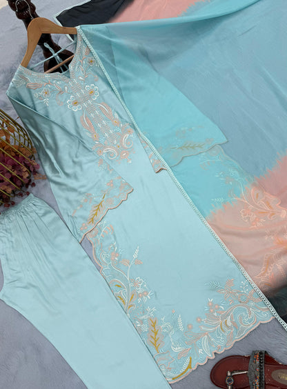 Aqua Blue Satin Rayon Embroidered Long Kaftan Set with Shaded Dupatta