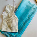 Aqua Blue Exclusive Elegant Silk Saree & Pearl work Blouse Set – Perfect for Special Occasions