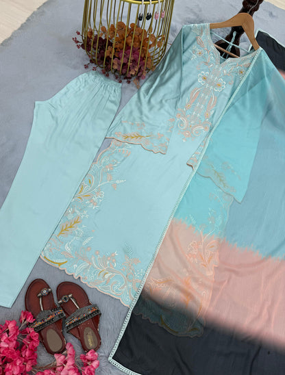 Aqua Blue Satin Rayon Embroidered Long Kaftan Set with Shaded Dupatta