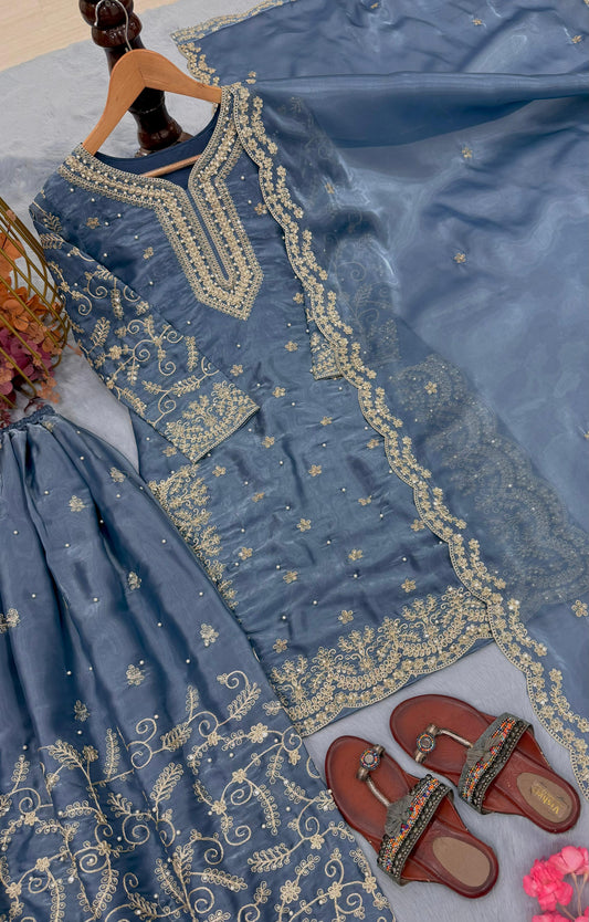 Blue Ethereal Silk Embroidered Ensemble Eid Special
