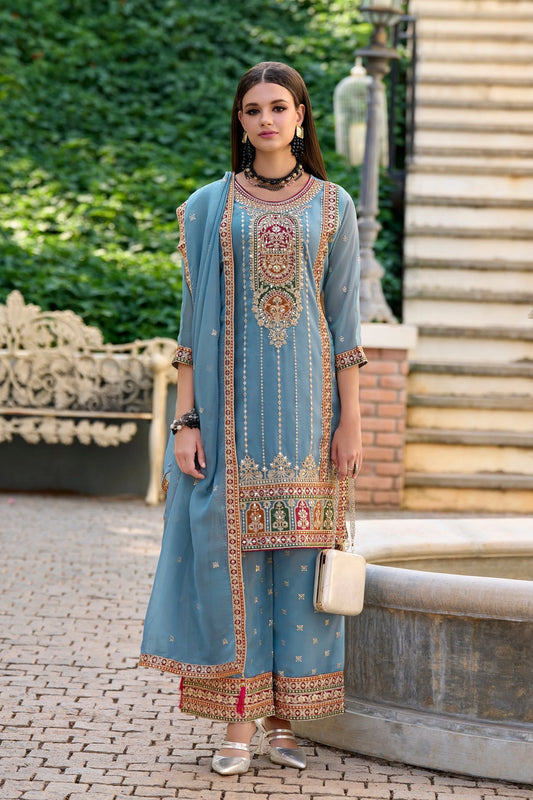 Blue Festive Wear Simar Organza Embroidered Readymade Salwar Kameez Set