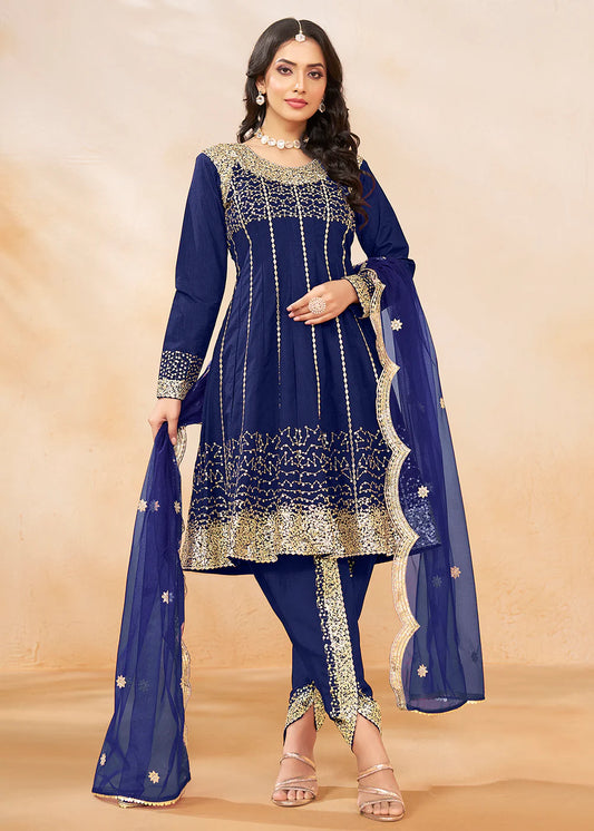 Blue Dhoti Style Punjabi Salwar Suit with Zari & Sequins Embroidery