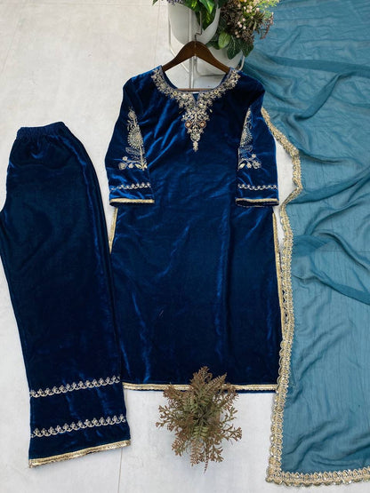 Deep Blue Luxe Velvet Shalwar Suit Set (Limited Stock)