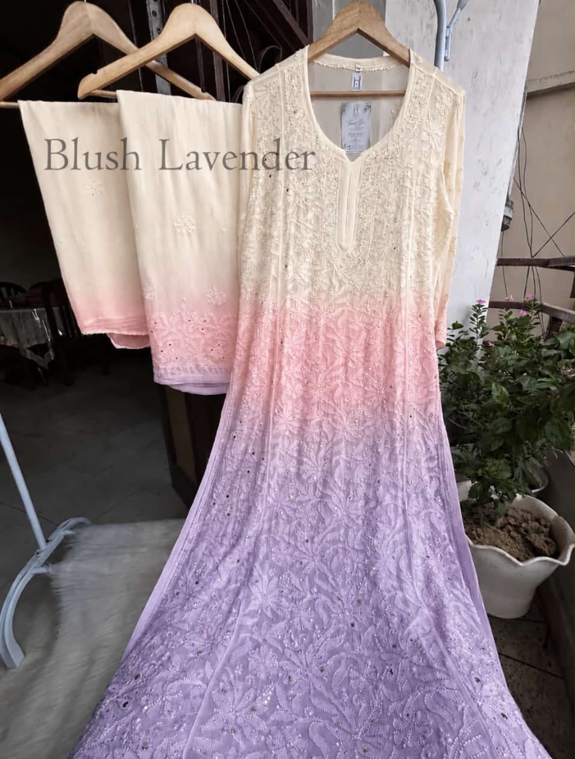 Blush Lavendar Viscose Resham Mukesh Jaal Kurti Palazzo Set with Dupatta