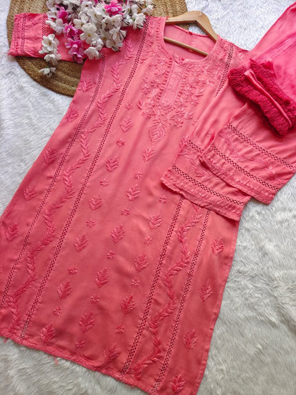 Blush Pink Aura Luxe: Premium Rayon 3-Piece Lucknowi Chikankari Ensemble