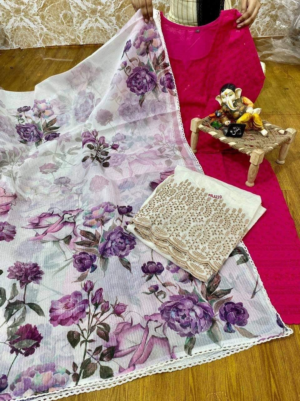 Blushing Beauty: Pink Cotton Chikan Kurti with Sequins, Zari Embroidery, Cutwork Mastani & Digital Printed Kota Dupatta - Inayakhan Shop 