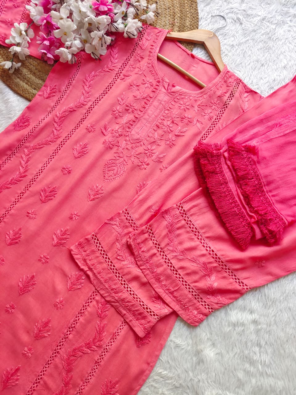 Blush Pink Aura Luxe: Premium Rayon 3-Piece Lucknowi Chikankari Ensemble