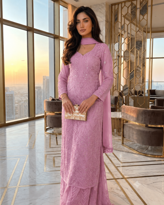Blush Pink Ethereal Viscose Chikankari & Mukaish Work Ensemble (NEW)