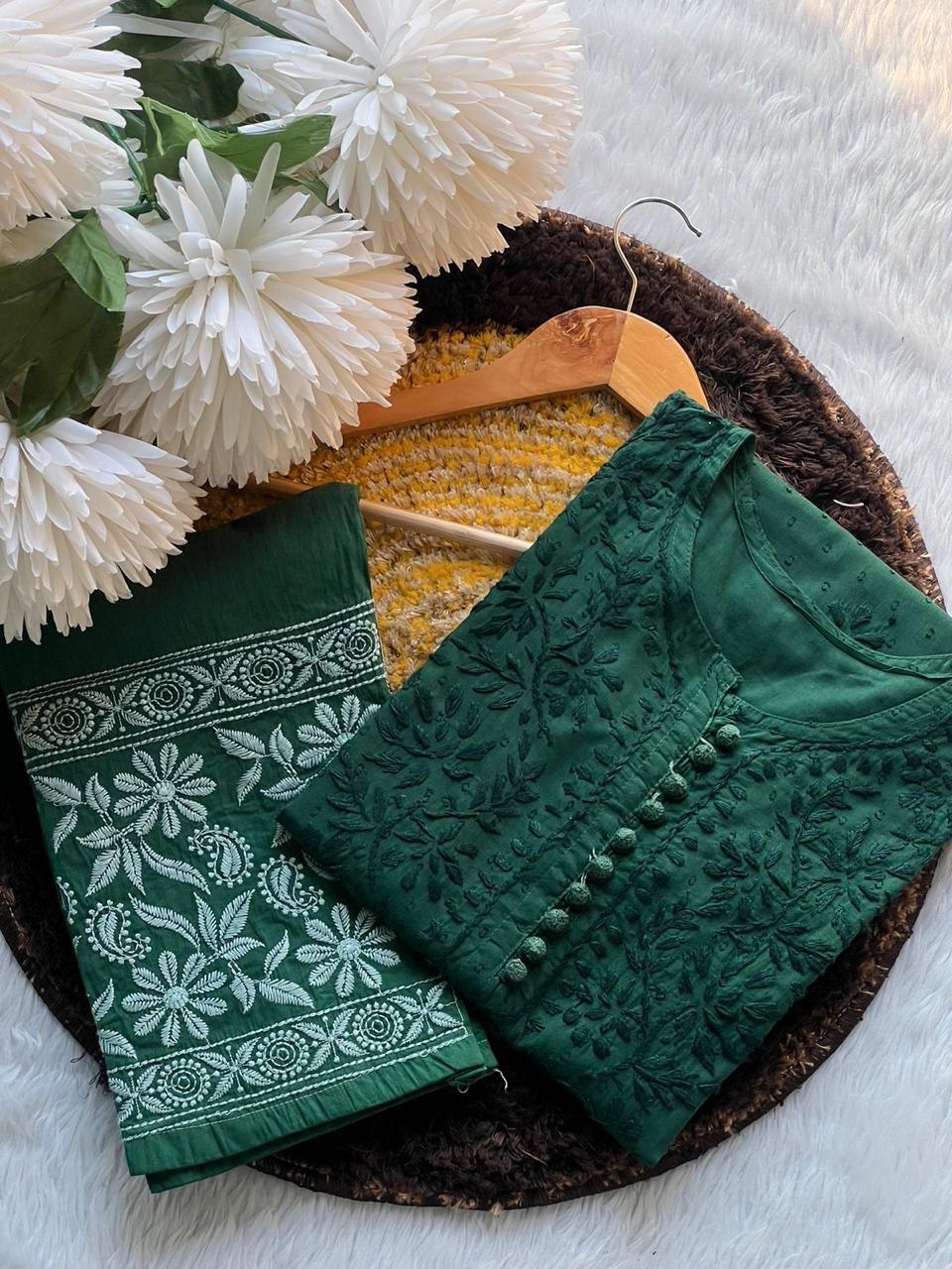 Bottle Green Graceful Cotton Chikankari Work Set: Kurti + Pant up to 6 XL ++ Sizes - Inayakhan Shop 