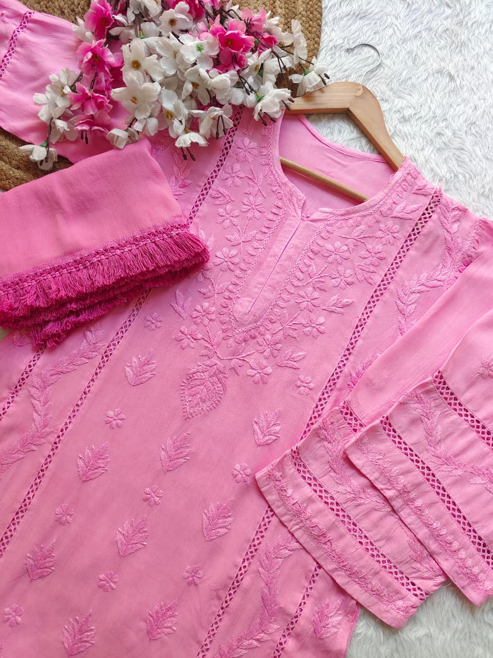 Baby Pink Aura Luxe: Premium Rayon 3-Piece Lucknowi Chikankari Ensemble