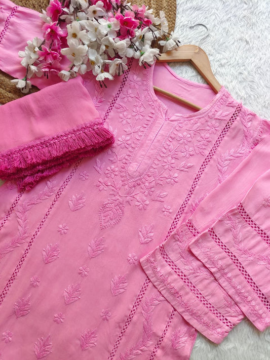 Baby Pink Aura Luxe: Premium Rayon 3-Piece Lucknowi Chikankari Ensemble
