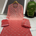 Brick Red Chikankari Elegance Ombré Mirror Booti Jaal Set - Kurti, Sharara & Dupatta