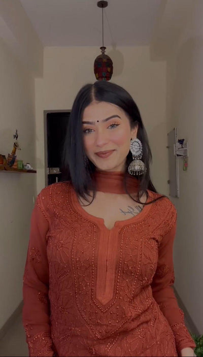 Brick Red Chikankari Resham Work Viscose 3-Piece Set