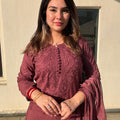 Brick Red Lucknow Chikankari Hand Work Dobby Cotton Tone-to-Tone 3-Piece Co-ord Palazzo Set with Chiffon Dupatta
