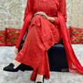 Brick Red Lucknowi Chikankari Rayon Kurti and Palazzo Set with Chiffon Dupatta