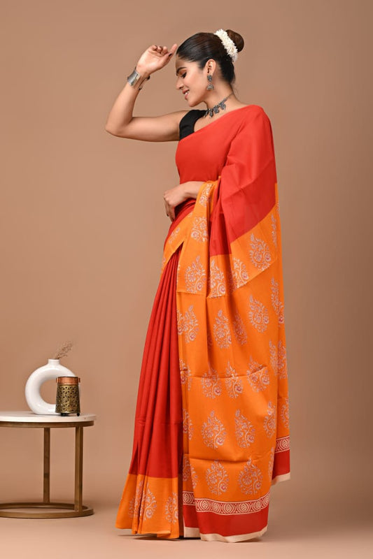 Red Orange Ajrakh Cotton Mul Handblock Print Saree with Ready-to-Wear Blouse Set