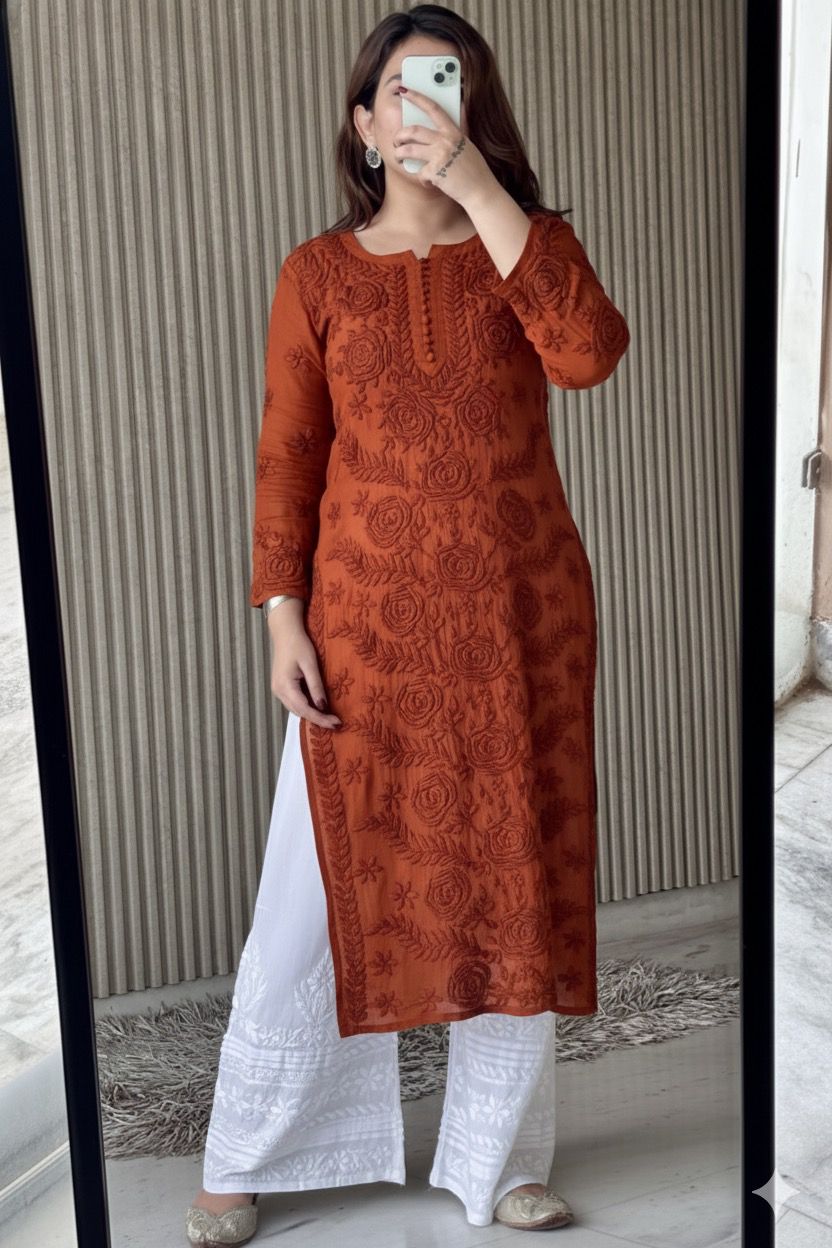 Brick Red Lucknowi Chikankari Rose Viscose Georgette Kurta Set
