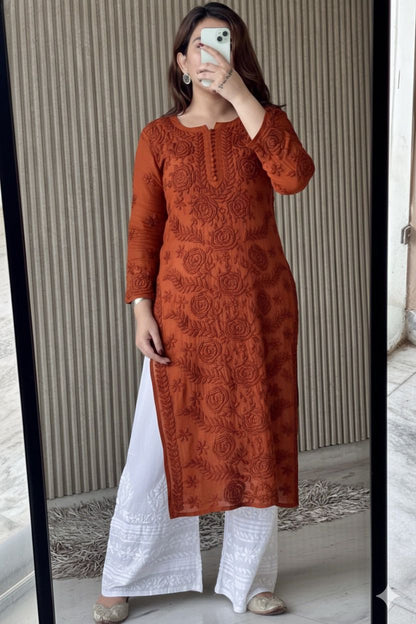 Brick Red Lucknowi Chikankari Rose Viscose Georgette Kurta Set
