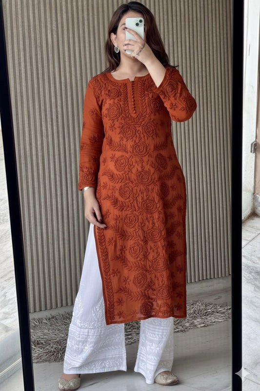 Brick Red Lucknowi Chikankari Rose Viscose Georgette Kurta Set