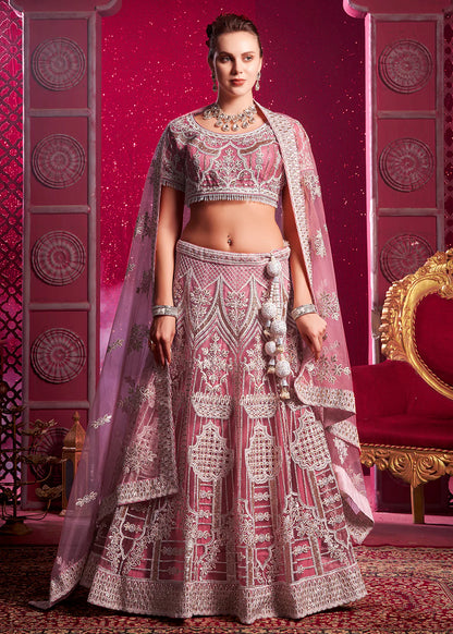 Pink Bridal Bridesmaid Wedding Lehenga Choli Set with Zari & Sequins